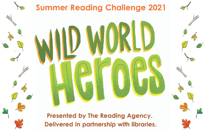Wild World Heroes Summer Reading Challenge Logo - green text on white, decorated with leaves on left and right.