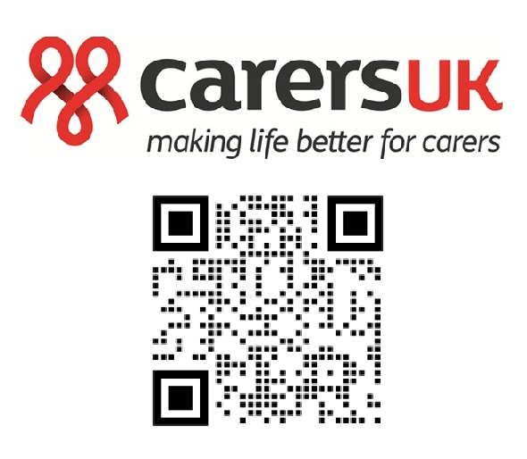 Image of the logo of Carers UK and QR code directing users to www.carersdigital.org