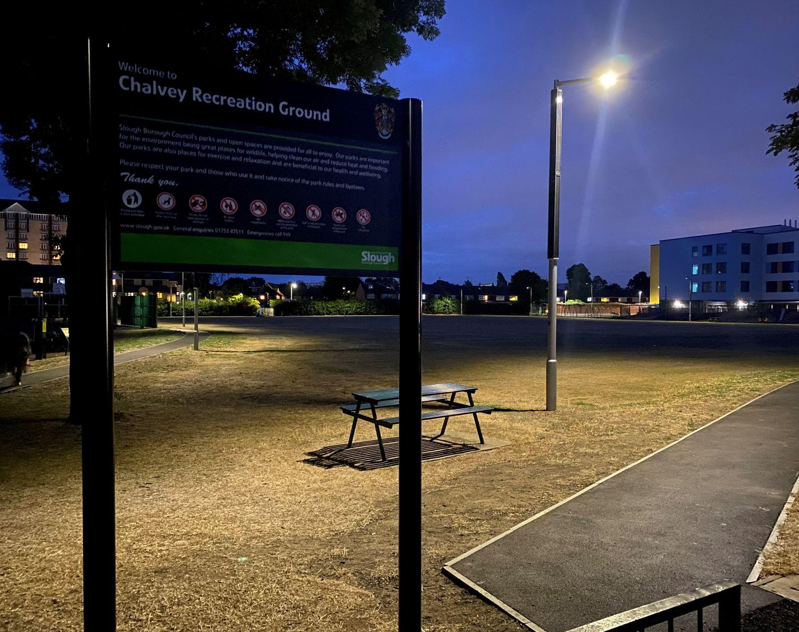 Chalvey Recreation Ground showing the new footpath and lights.