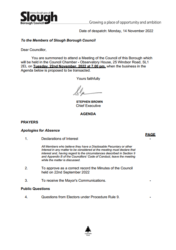image of the first page of the council summons for Full Council 22 November 2022