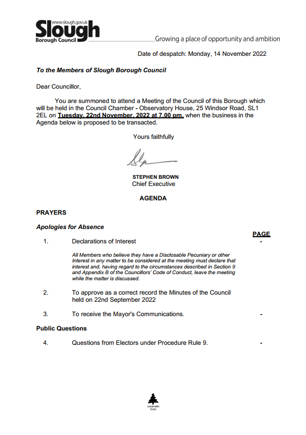 First page of the council summons for Full Council 22 November 2022