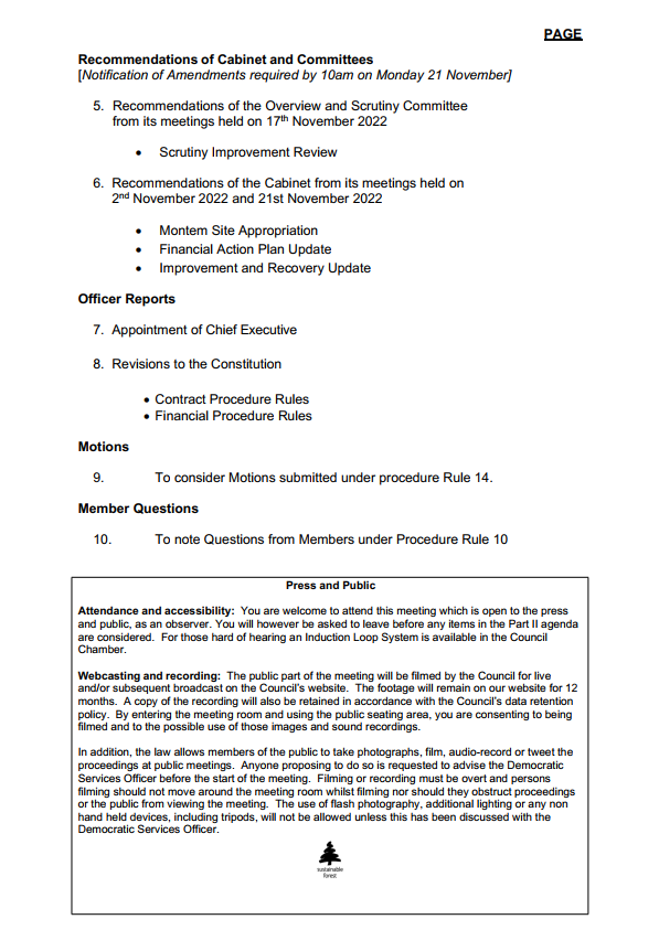 Second page of the council summons for Full Council 22 November 2022