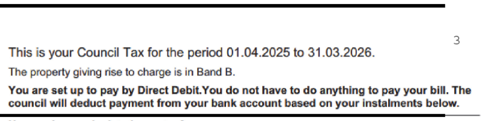 Example of a Council Tax bill section 3: dates, band, payment type.