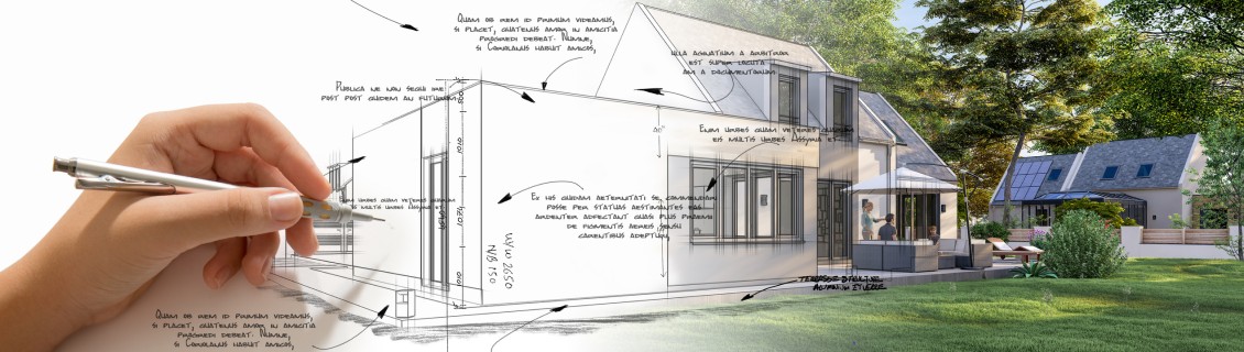 A black and white 3D plan of a building with colourful trees in the background and a hand holding a pen resting on the plan.