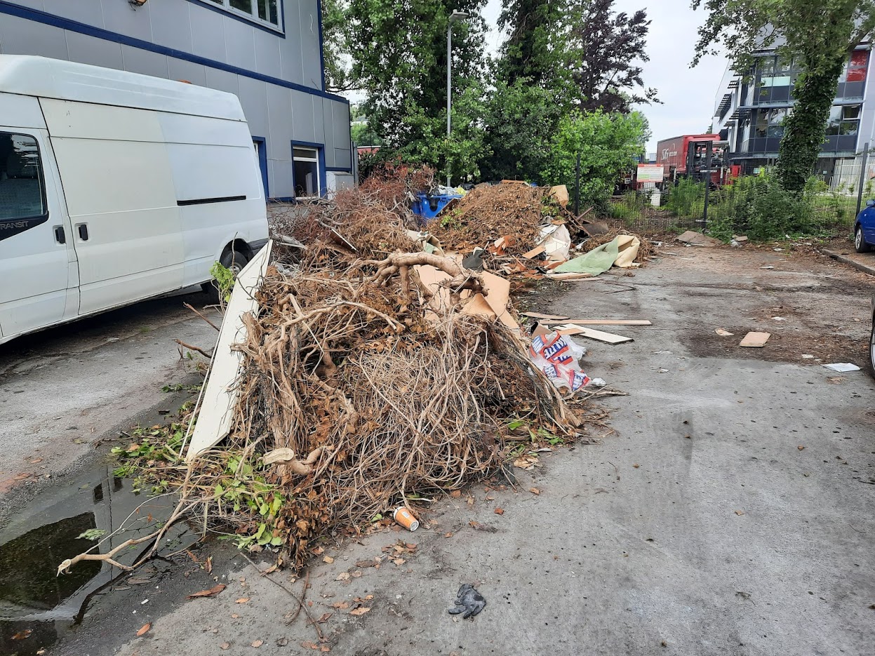 Image shows garden waste and wardrobes dumped on a road.