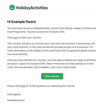 Example of email message from HolidayActivities, which is sent when a HolidaysActivities voucher is issued from the Slough Holiday Activities and Food Programme.