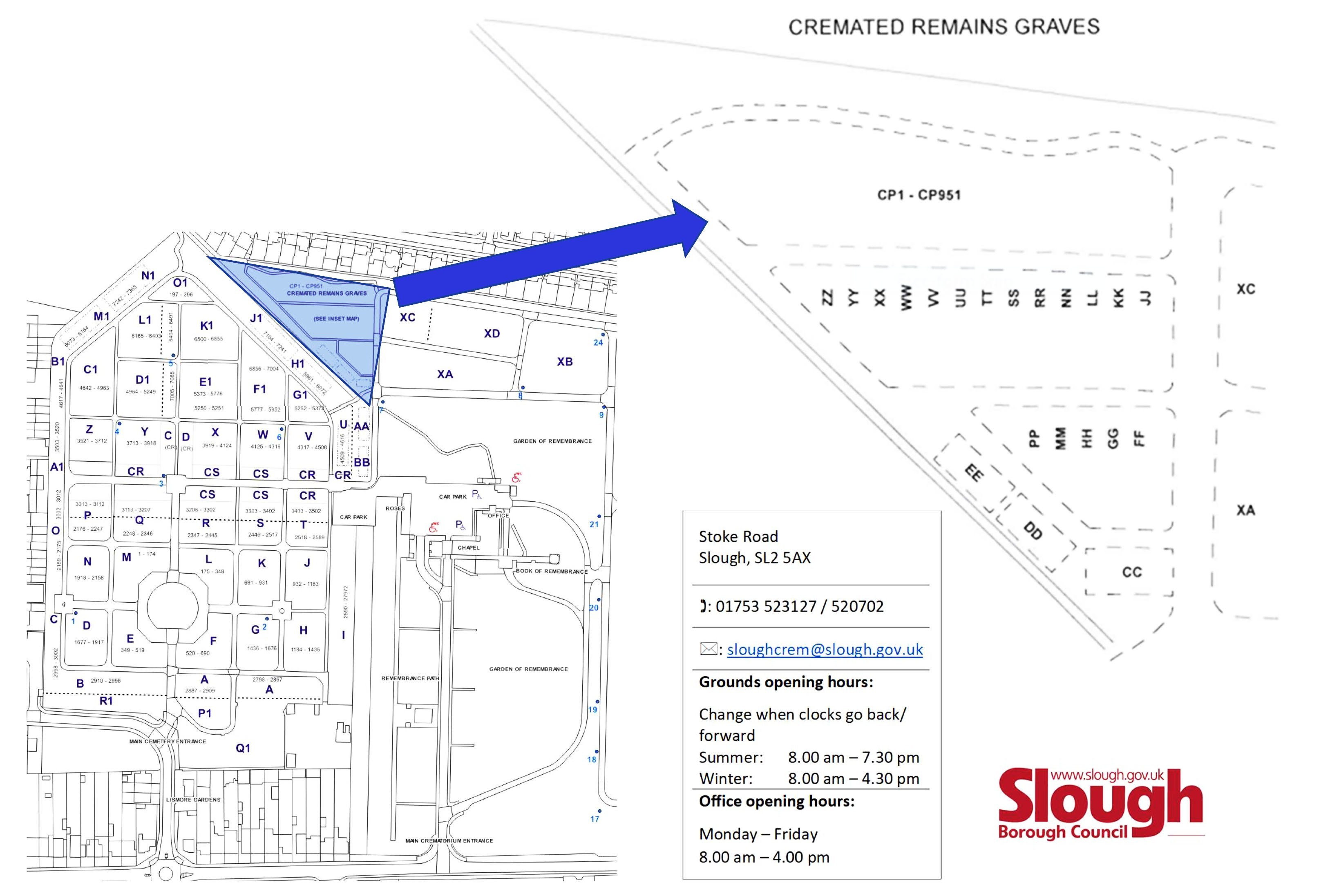 Map of cremated remains area at Slough cemetery