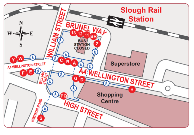 Map of town centre bus stops