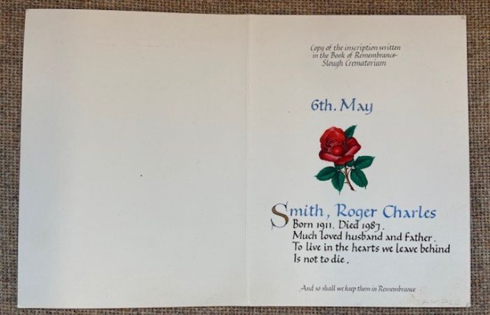 Example of a Memorial card inside
