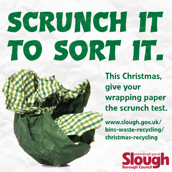 A rolled up ball of wrapping paper with the text &#039;scrunch it to sort it&#039;.