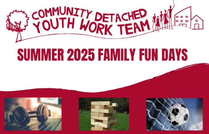 Community Detatched Youth Work Team Summer 2025 Family Fun Days - headphones, jenga, football in the net