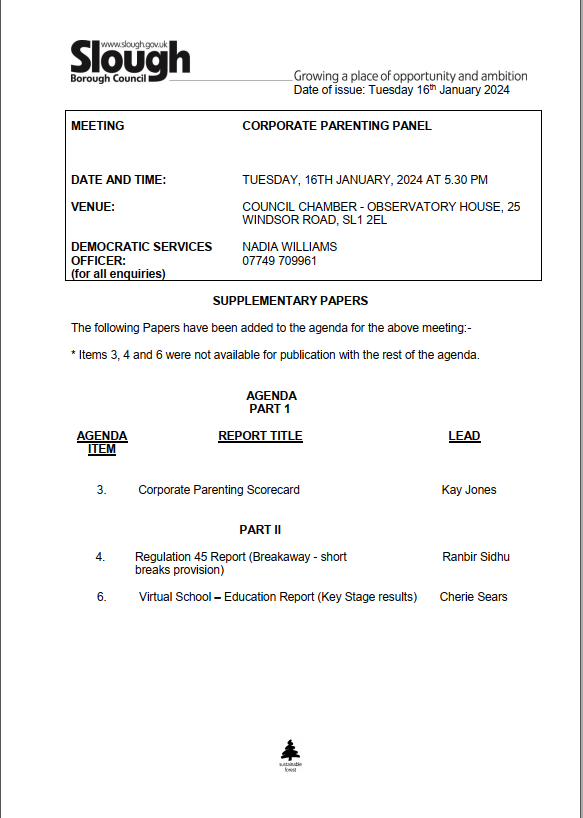 The supplementary agenda for Corporate Parenting Panel on 16 January 2024