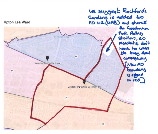Map showing changes proposed by Labour Group to Upton lea ward polling district 42 UPB