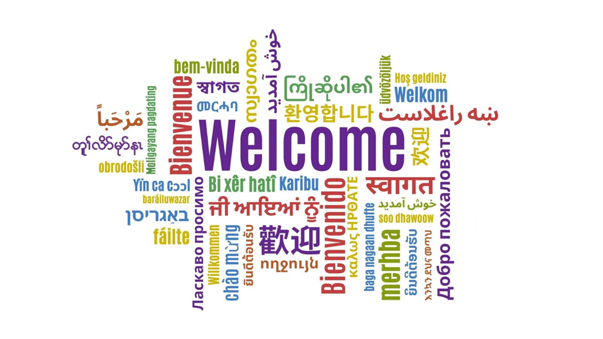 Welcome written in different colours and languages
