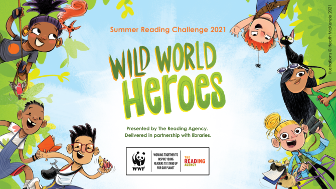 A cartoon image of happy children surrounded by green leaves, with Wild World Heroes text.