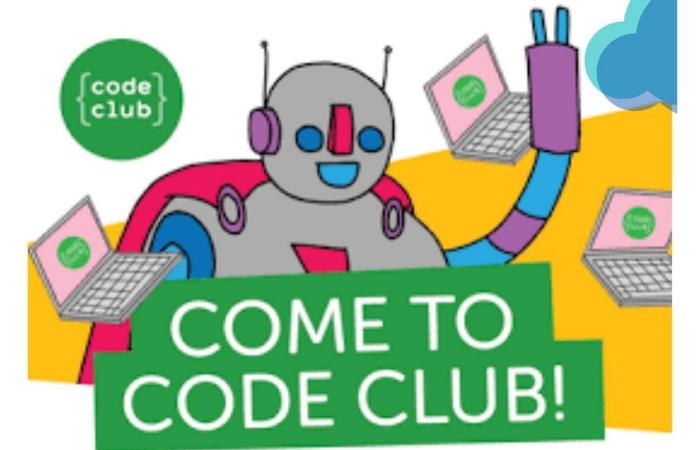 Friendly robot waves over the top of the banner &quot;Come to code club&quot; with floating laptops in the background