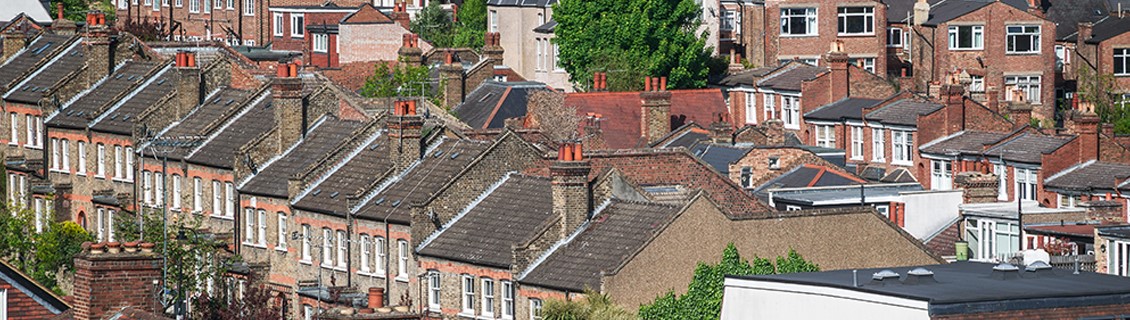High angle view of houses across some streets.