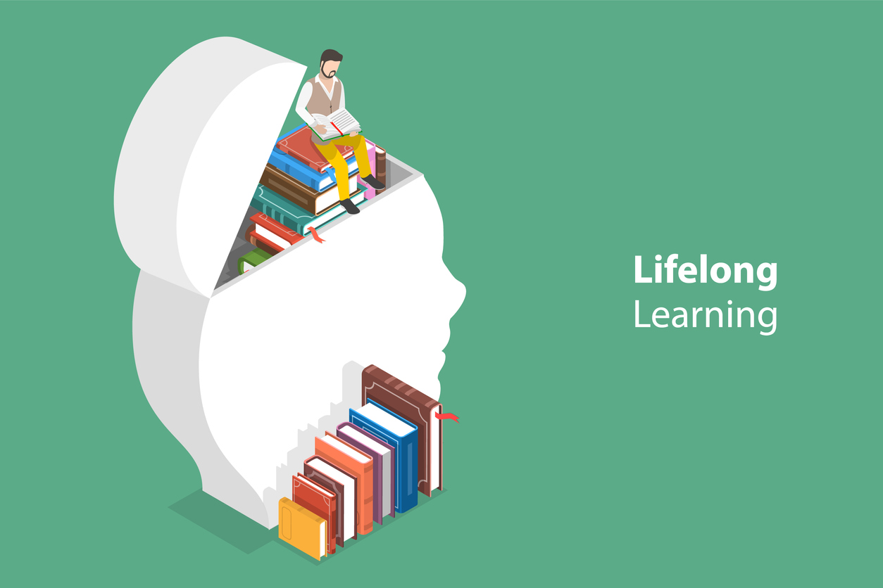 Lifelong learning image of a man with books